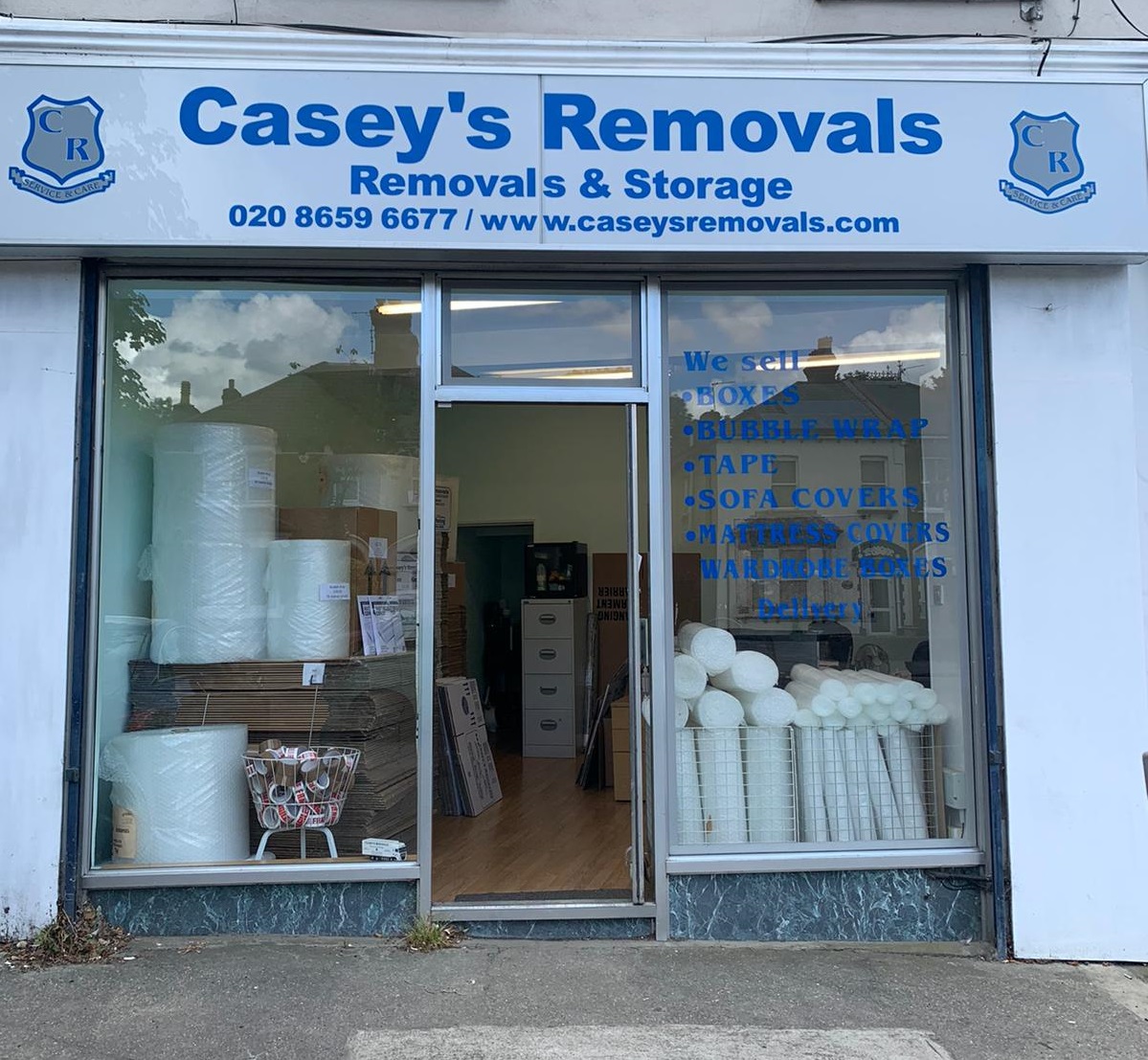 Exterior of Casey's Removals office and packing material shop in Beckenham